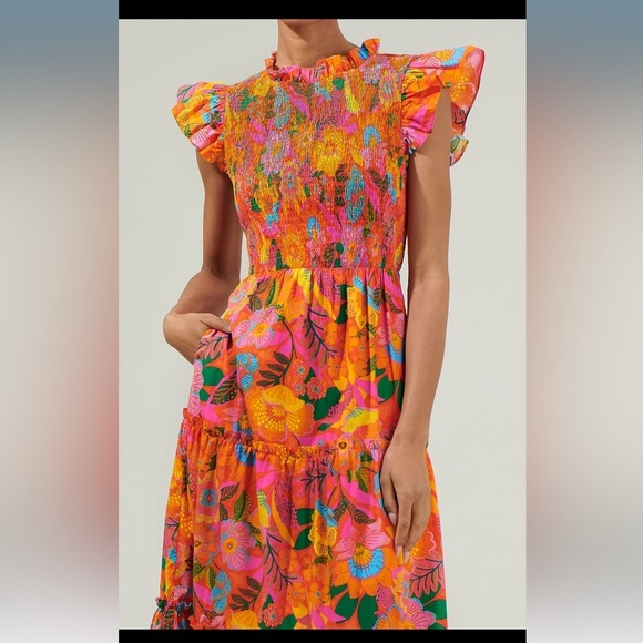 SugarLips Idalia Floral Smocked Midi Dress Orange Mutli - Picture 3 of 7